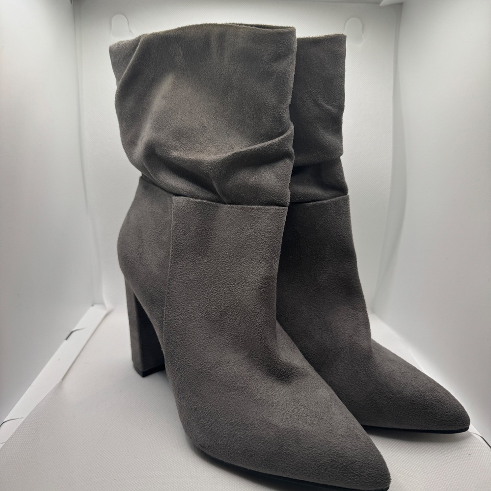 Gray Slouch Ankle Boots, Pointed Toe, Block Heel, Chic Style